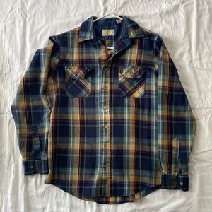 Vintage Sears brand men’s shirt, size M navy and tan plaid pattern